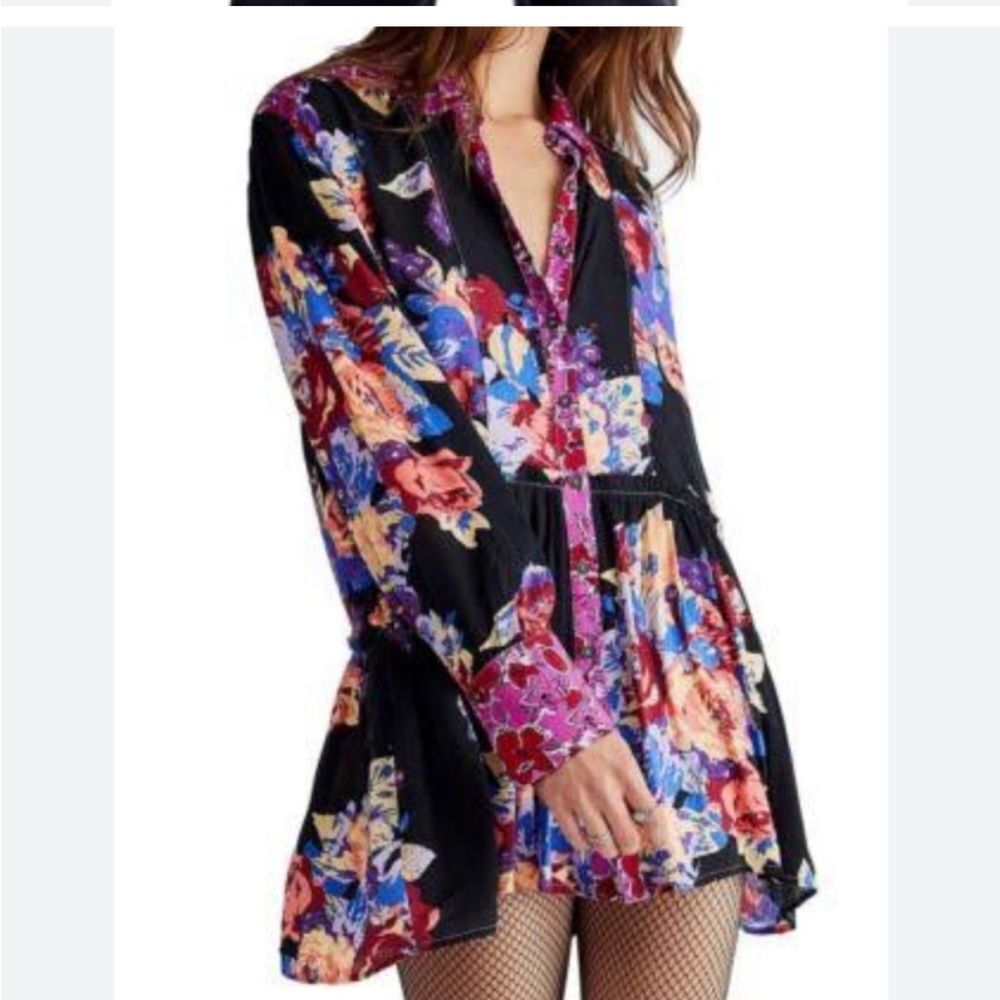 Free People Button Tunic Dress "Brunch a Bunch" Mixed Media Floral